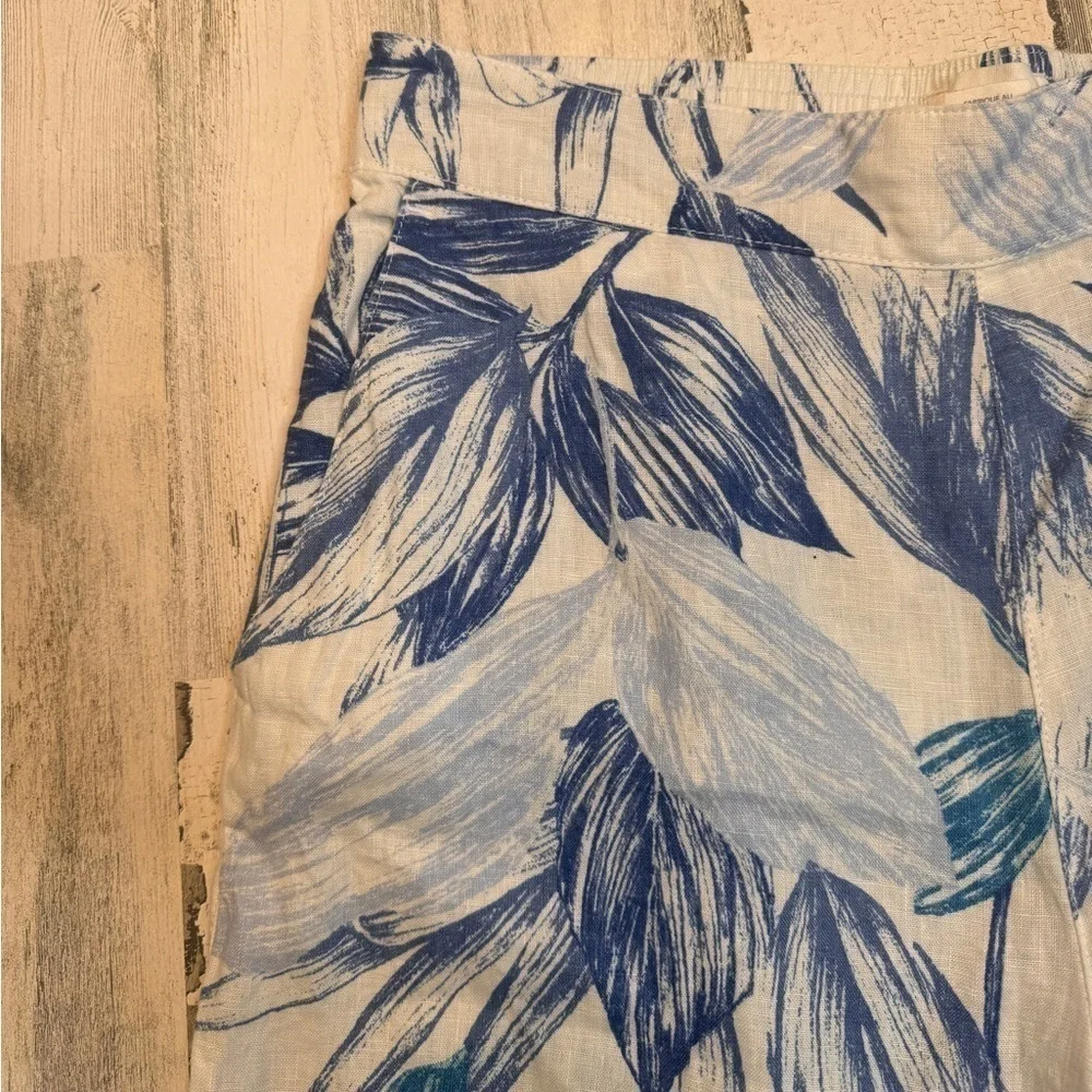 C&C California Cropped Wide Leg Linen Pants Blue Floral Tropical Large